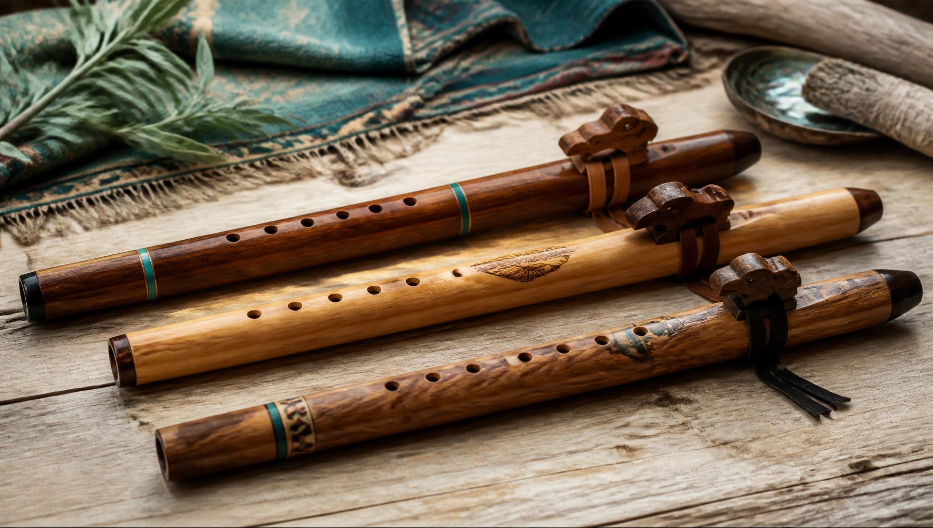 Three handcrafted Native American style flutes arranged on a wooden surface